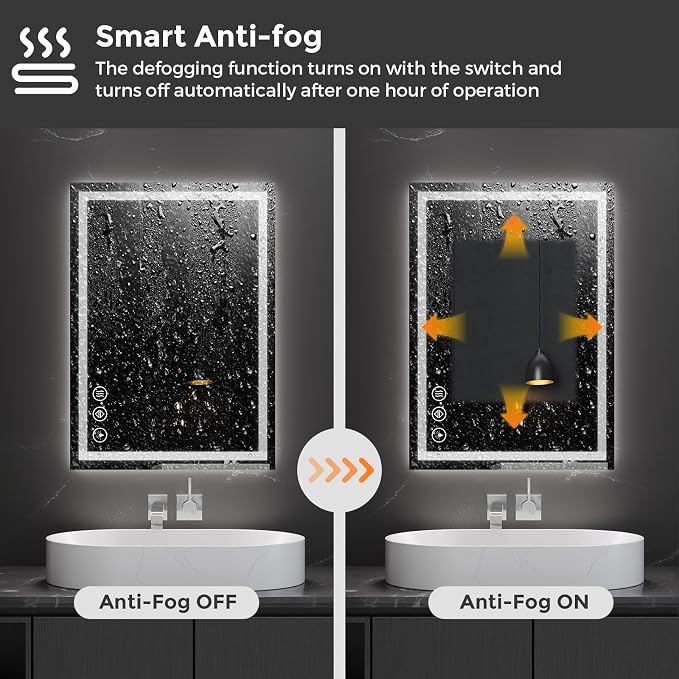 Koonmi 28x20 LED Bathroom Mirror with Light, Anti-Fog, 3 Colors | Backlit + Front Lit, Dimmable Brightness, Shatterproof HD Distortion-Free Tempered Glass, Hardware Included