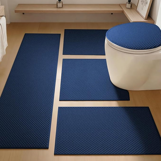 YIHOUSE Bathroom Rugs Sets 5 Piece Non Slip Washable, Absorbent Quick Dry Bath Mat Set with Toilet Mat, Weave Texture Low Profile Bath Rugs, Floor Mats for Bathroom, Tub & Shower, Dark Blue