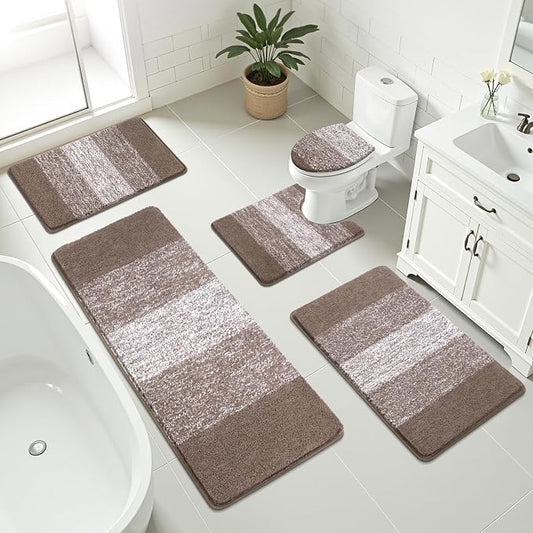Bsmathom Bathroom Rug Set 5 Piece, Plush Microfiber Bath Mat, Coffee | Extra Water Absorbent, Non Slip Washable Runner Bath Rugs with Toilet Lid Cover and U-shaped Contour Toilet Mat