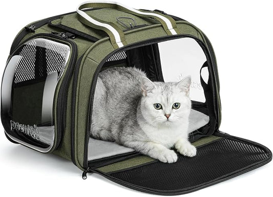 Pecute Cat Carrier with Bubble Window & Sunshade for Dogs Cats, Green M | Dual bubble windows & top sunshade, 70% more airflow mesh, Impact-resistant stable frame, Locking zippers, Fits up to 11 lbs