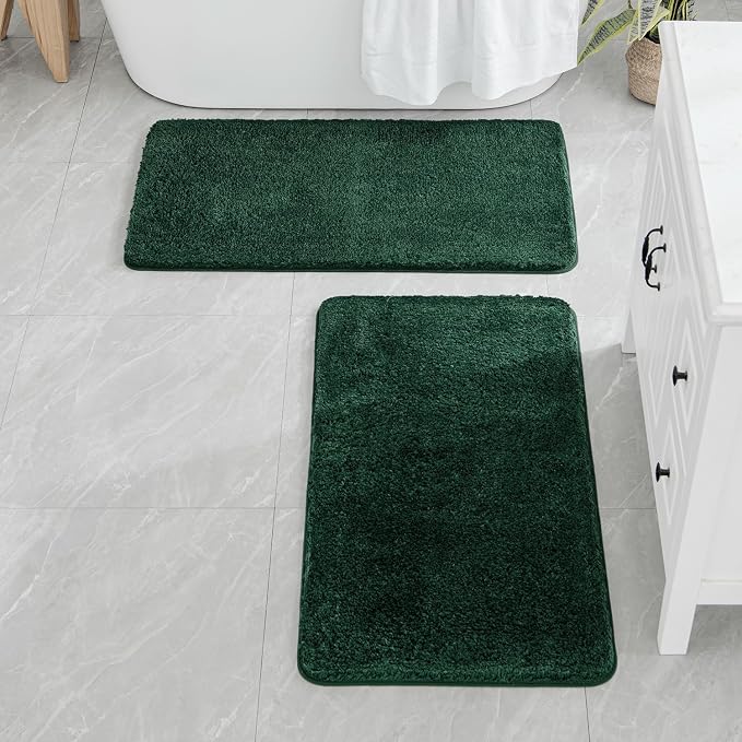 MIULEE Dark Green Bathroom Rugs Set 2 Piece Soft Runner Bath Mats 24x44 in | Soft Absorbent Microfiber Bath Rugs, Non Slip, Quick Dry, Fluffy Bath Rugs for Bathroom Floor Tub Showers, Machine Washable