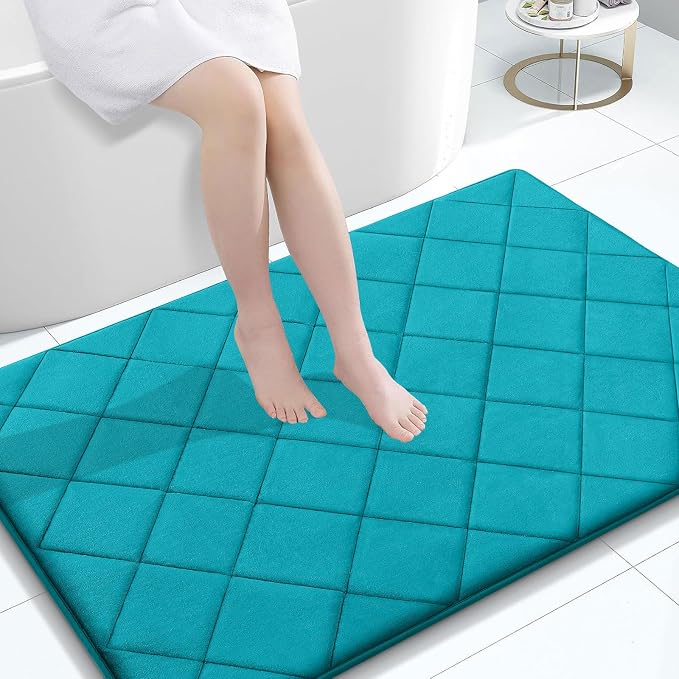 OLANLY Memory Foam Bath Mat 47x32, Ultra Soft and Absorbent Bathroom Rugs | Teal, Quick Dry, Machine Washable Shower Bath Rugs, Comfortable Bath Carpet for Bathroom Floor, Tub and Shower