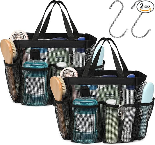 F-color Mesh Shower Caddy Portable, Upgrade Deeper 7 Pockets Shower Bag Basket Tote for College Dorm Room Bathroom Essentials Gym Camp Quick Dry 2 handles with S Hook, 2 Pack Black