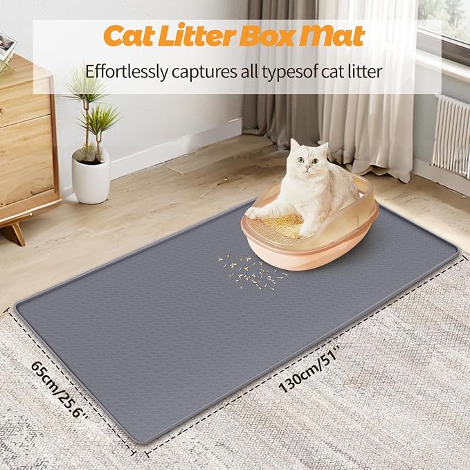 Cat Litter Mat for Litter Box 51"x25.6" Extra Large Silicone Mat,Light Grey | Waterproof Non-Slip Litter Box Mat with Raised Edges, Cat Litter Trapping Mat for Pet, Cat Litter Rug for Floor