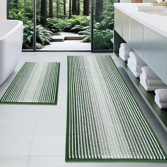 Bathroom Rugs Sets 2 Piece, Non Slip Striped Bath Mat, Hunter Green | 20"x60" Plus 20"x32", Soft Absorbent Chenille, Quick Dry Machine Washable, Shower Rug for Bathroom Floor, Tub, Bedroom Decor