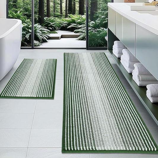 Bathroom Rugs Sets 2 Piece, Non Slip Striped Bath Mat, Hunter Green | 20"x60" Plus 20"x32", Soft Absorbent Chenille, Quick Dry Machine Washable, Shower Rug for Bathroom Floor, Tub, Bedroom Decor