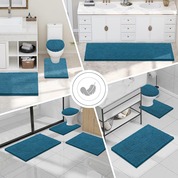 Smiry Chenille Bathroom Rugs Sets 2 Piece (30x20+24x16, Peacock Blue) | Soft Absorbent Machine Washable Non Slip Shaggy Bath Rug Set for Tub, Shower, and Floor, Home Decor