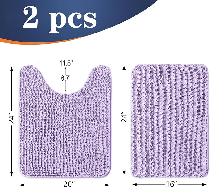 OLANLY Chenille Bathroom Rugs Mats Sets 2 Piece, 24"x16"+24"x20", Lavender | Soft Absorbent Bath Mat and U-Shaped Contour Toilet Rug Set, Quick Dry, Machine Washable Bath Carpet, Home Decor Accessories