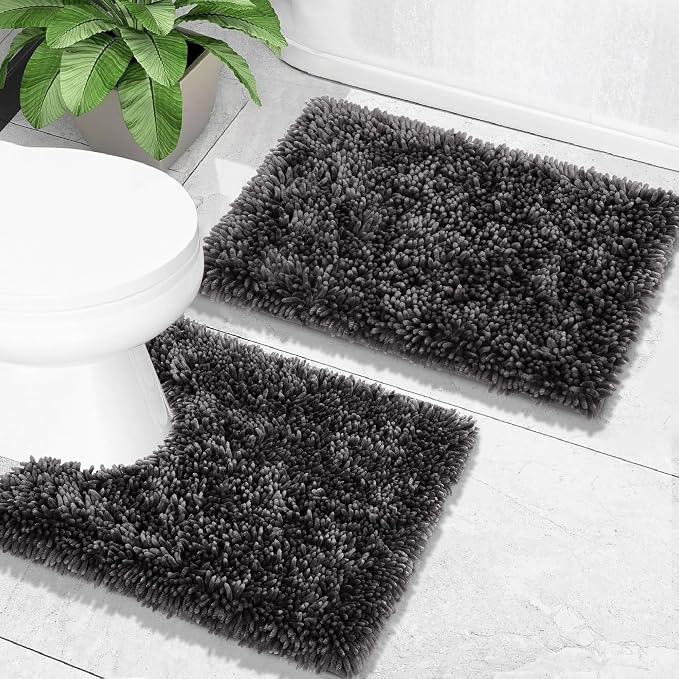 Yimobra Bathroom Rugs Sets 2 Piece, Soft Absorbent Bath Mat and U-Shaped Toilet Rug with Non Slip Backing, Luxury Shaggy Bath Mats for Bathroom, Machine Washable, 24"x17"+24"x20", Dark Grey