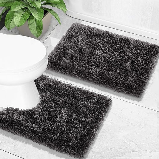 Yimobra Bathroom Rugs Sets 2 Piece, Soft Absorbent Bath Mat and U-Shaped Toilet Rug with Non Slip Backing, Luxury Shaggy Bath Mats for Bathroom, Machine Washable, 24"x17"+24"x20", Dark Grey
