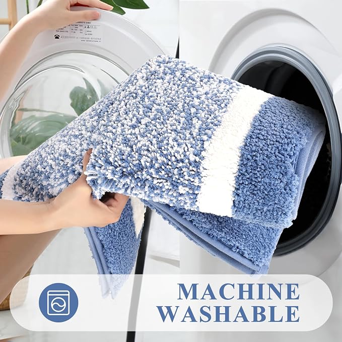 Pauwer Bathroom Rug Sets 3 Piece, Non Slip Washable Bath Mat, Blue | Soft Plush Microfiber, Super Absorbent Floor Carpet, U Shaped Toilet Mats, Quick Dry, Shaggy Shower Rugs Runners