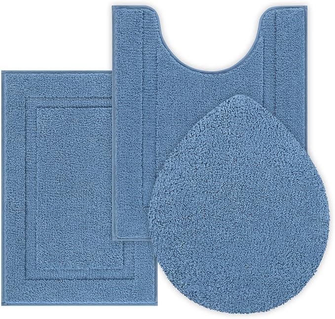 SHACOS Microfiber Small Bathroom Rugs Set of 3 Piece with Toilet Lid Cover | Non Slip Super Soft Absorbent 16"x24" Bath Mat U Shape Contour Mat Bathroom Carpet Machine Washable(Blue)