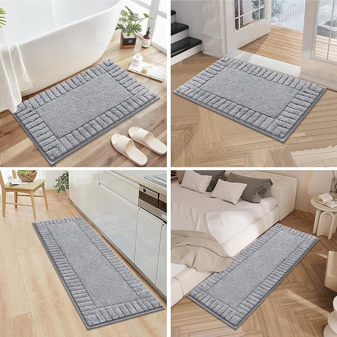 Pauwer Bathroom Rugs Sets 3 Piece, Microfiber Bath Mat Set, Light Grey | Non Slip Washable, Soft Plush, Extra Absorbent Bath Mats, U Shaped Contour Toilet Rug for Bathroom