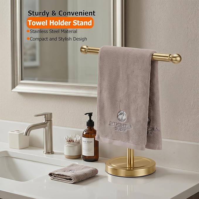 Hand Towel Holder, T-Shape Hand Towel Stand for Bathroom, Hand Towel Rack Bar Standing for Vanity Kitchen Countertop (Gold, Stainless Steel)