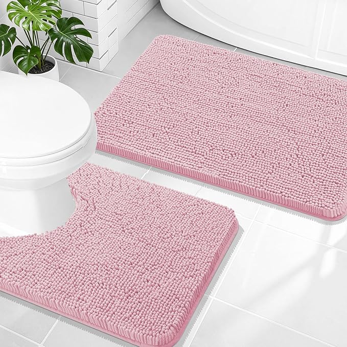 OLANLY Chenille Bathroom Rugs Mats Set 2 Piece, 30"x20"+24"x20", Dusty Rose | Soft Absorbent Bath Mat and U-Shaped Contour Toilet Rug Set, Quick Dry, Machine Washable Bath Carpet, Home Decor Accessories