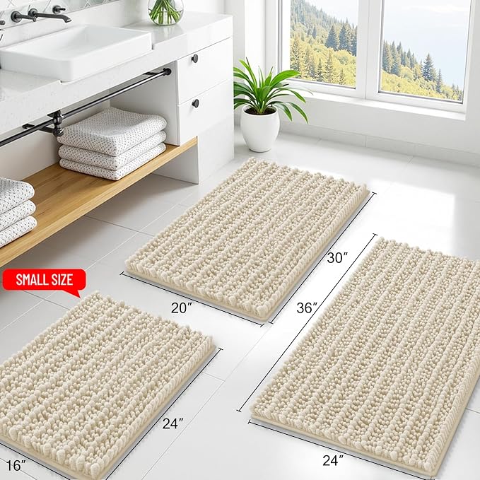 Smiry Bathroom Rugs 24X16, Extra Soft Rubber Backing Chenille Bath Mats | Sand Machine Washable Non Slip Quick Dry Bath Mats for Bathroom Floor, Tub, Shower, Home Decor Accessories