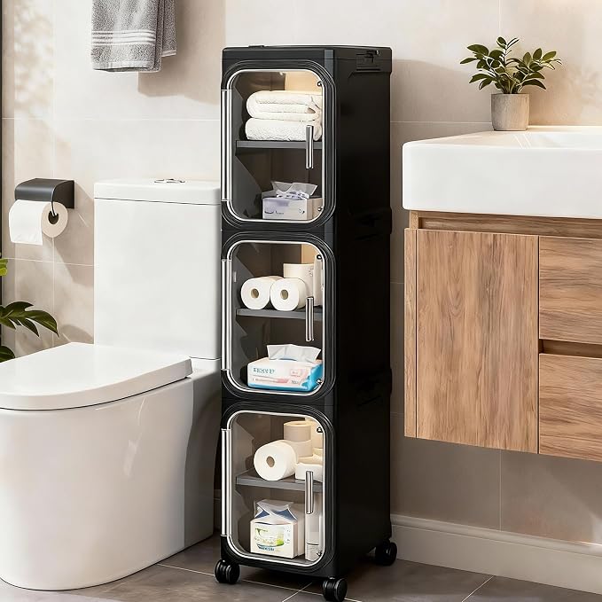 3-Tier Narrow Slim Bathroom Storage Cabinet with Wheels, Black | Tool Free Assembly, Adjustable shelves, Lockable Wheels, Magnetic Clear Door, Fits for Narrow Spaces