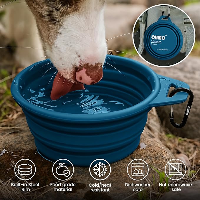 Large Collapsible Dog Bowls, Steel Rim, 27oz, 2pcs, Dark&Light Blue | Portable Pet Water&Food Bowl, BPA-Free Silicone, Foldable, Hiking&Camping Travel Gear, Stable Shape, Easy-Clean