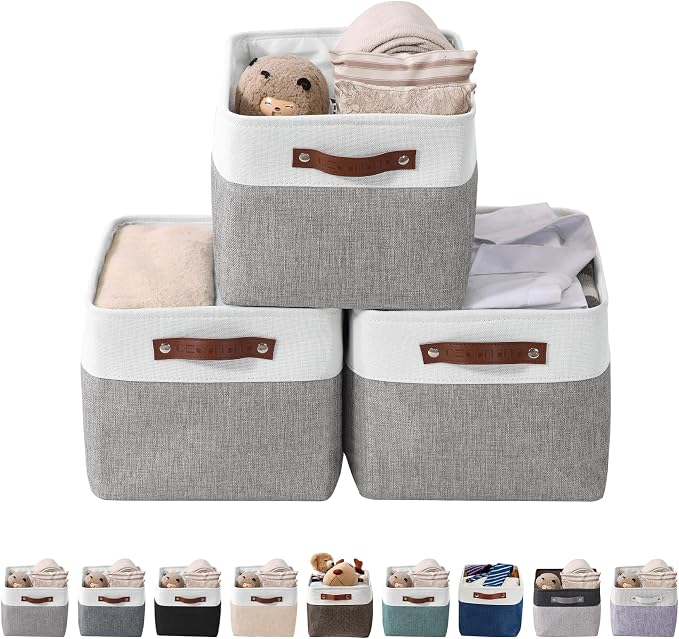 DECOMOMO Storage Bins, Large Fabric Storage Baskets for Shelves, Decorative Linen Closet Organizer, 15 x 11 x 9.5 inches (Grey & White, 3 Pack)