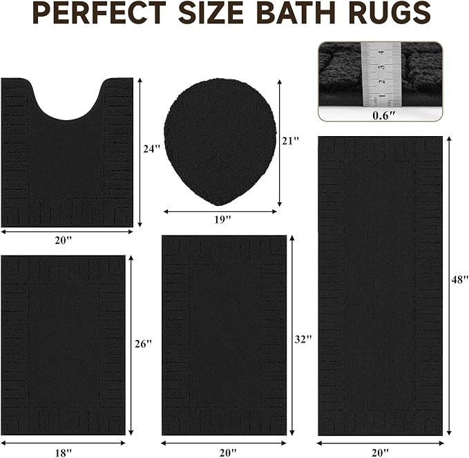 Pauwer Bathroom Rugs Set 5 Piece, Microfiber Bath Mat Set, Black | Non Slip Washable Bath Mat with U Shaped Toilet Rug, Plush Absorbent Shower Rug, Toilet Lid Cover, Quick Dry Floor Carpet