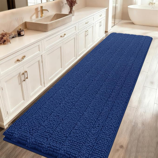 ACCUMTEK Extra Long Striped Denim Blue Bathroom Rug Mat 70"x24" Ultra Soft, Non Slip Chenille Bath Rugs, Absorbent Plush Shaggy Bath Mats for Bathroom, Bedroom, Kitchen, Shower, Tub