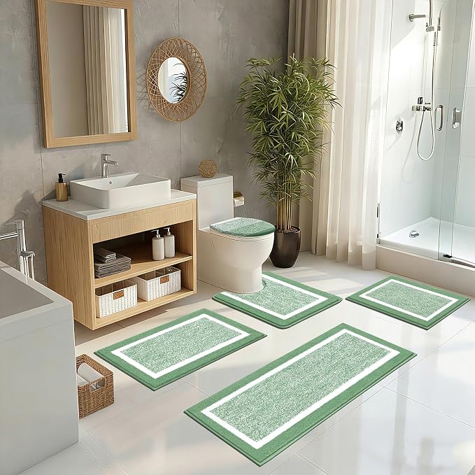 Pauwer Bathroom Rugs Sets 5 Piece, Microfiber Bath Mats, Green | Non Slip Washable U Shaped Toilet Rug, Long Shower Runner, Toilet Lid Cover, Quick Dry Absorbent Plush Floor Carpet
