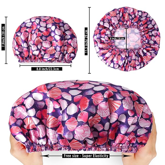 Shower Caps for Women, 4 PCS Reusable Waterproof Bath Cap | Double Layer, Washable, Wide Elastic Band, Holds Long Hair, Caps for Bath Accessories, Spa, Travel Home - Shell