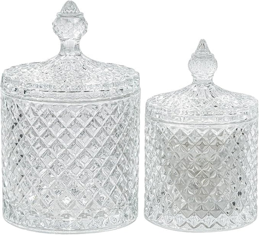 2 Pack Glass Qtip Holder, Apothecary Jars with Lids Bathroom Storage | Clear (10+24oz), Storage for Cotton Swabs, Balls, Pads, Floss Pick, Makeup, Candy & Jewelry, Vanity Organizer for Bathroom
