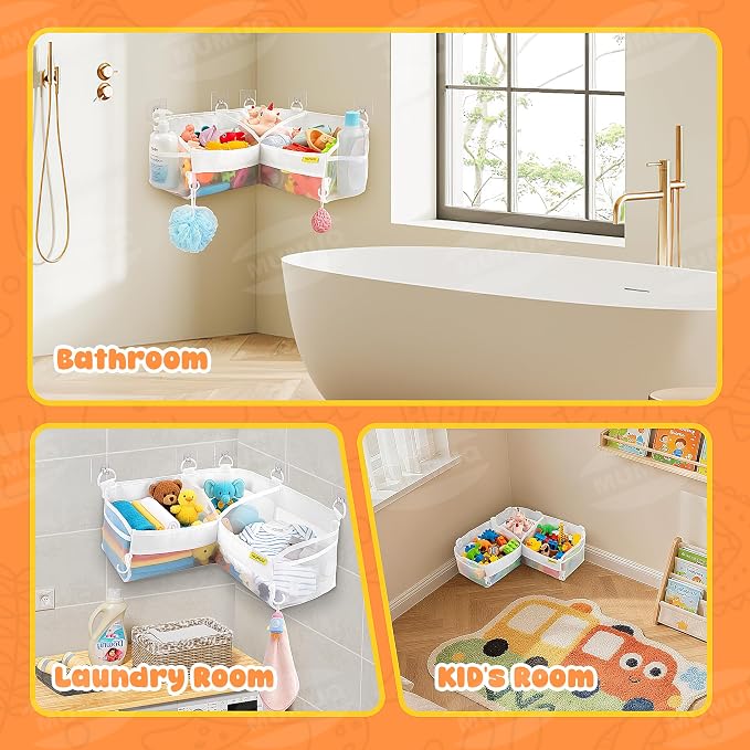 3 Compartments Bath Toy Storage Corner Bath Toy Holder for Bathtub, Kids Tub Toys Organizer with Adhesive Hooks, Quick-Drying Machine-Washable Mesh Bathroom Organizer for Tidy Bathtub