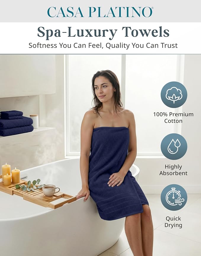 Casa Platino Bathroom Towel Set 12 Piece Soft Absorbent Quick Dry - Navy | Bath Towel Sets For Bathroom - Coordinated Colors, Dobby Border Accent, OEKO-TEX Certified, Ring-Spun Durability