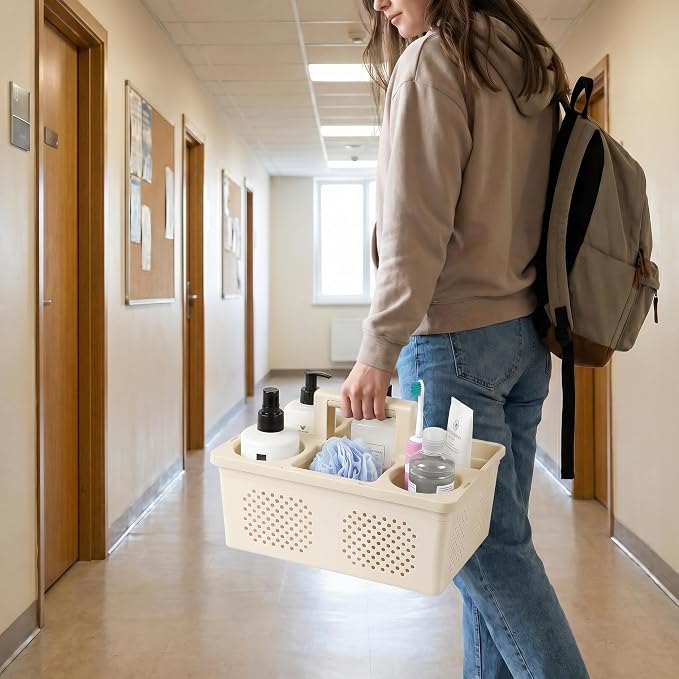 KMV Dorm Room Portable Shower Caddy with Adjustable Compartments - Ventilated Drainage Design with Handles, Perfect Toiletries Organizer for College Dorms-beige