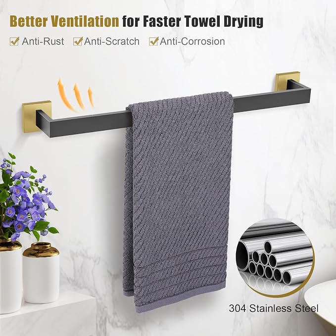TURS 5-Piece Bathroom Hardware Set Matte Black and Gold Towel Bar Set Bath Towel Holder Sets SUS 304 Stainless Steel Wall Mounted Towel Rack Sets for Bathroom.