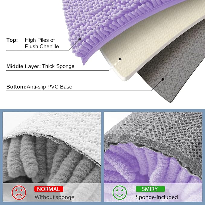 Smiry Chenille Bathroom Rugs Sets 2 Piece (30x20+24x16, Purple) | Soft Absorbent Machine Washable Non Slip Shaggy Bath Rug Set for Tub, Shower, and Floor, Home Decor