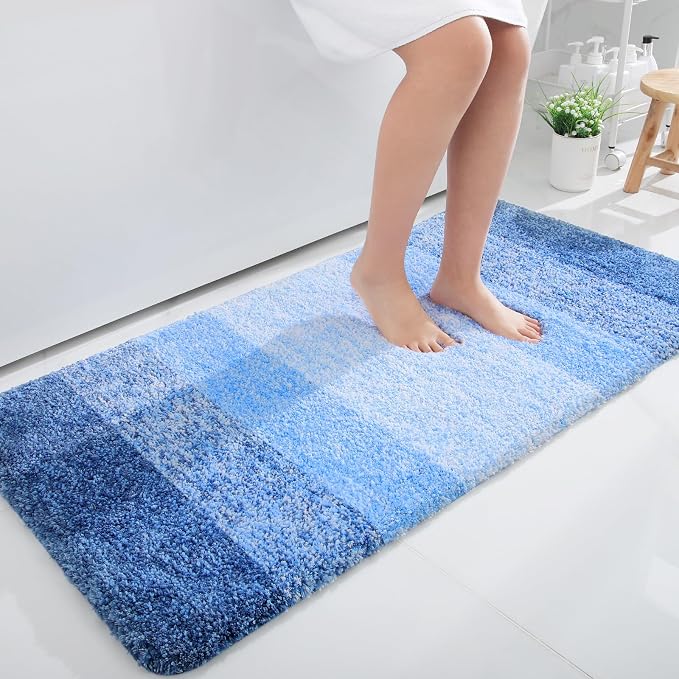 OLANLY Bathroom Runner Rug 47x24, Extra Soft Absorbent Microfiber Bath Rugs | Light Royal Blue, Non-Slip Quick-Drying Rubber Backing, Washable Long Bath Mat for Floor, Tub and Shower, Home Decor