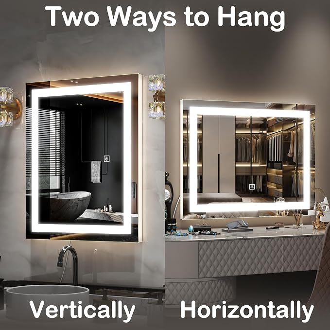FENNIO Vanity Mirror with Lights，20"x23" Lighted Makeup Mirror, Large Makeup Mirror with Lights, Touch Sensor with Dimmable 3 Modes， Square White