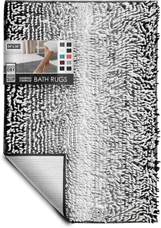 Hearth & Harbor Bathroom Rugs, Chenille Bath Mat - Machine Washable Bath Mats for Bathroom Non-Slip Backing Rubber, Quick Dry Bathroom Mat, 24 x 36 - Ombre Black