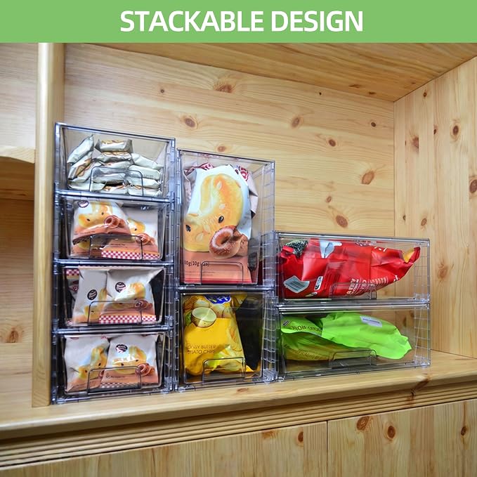Medium Clear Stackable Storage Drawers (4 Pack), High-strength Acrylic Organizer Bins with Handles, Plastic Drawers for Fridge Bathroom Cabinet Closet Undersink Pantry Kitchen Makeup Storage