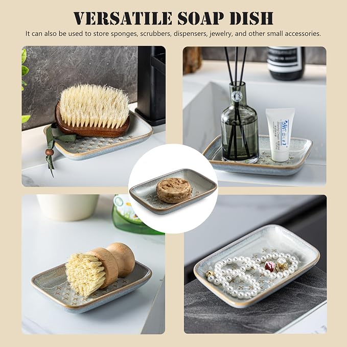 Gomakren Ceramic Soap Dish for Bar Soap 5.5in Cross Soap Saver Tray, Gray | Prevents soggy soap, non-slip bottom, easy to clean, bathroom soap holder, multi-use for sink shower, sponge butter & jewelry