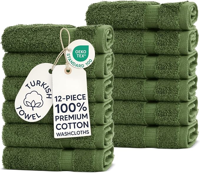 Chakir Turkish Linens 100% Cotton 12-Pack Washcloths 13x13, Moss | 100% cotton washcloths, 12-pack 13x13, OEKO-TEX certified, soft absorbent face towels