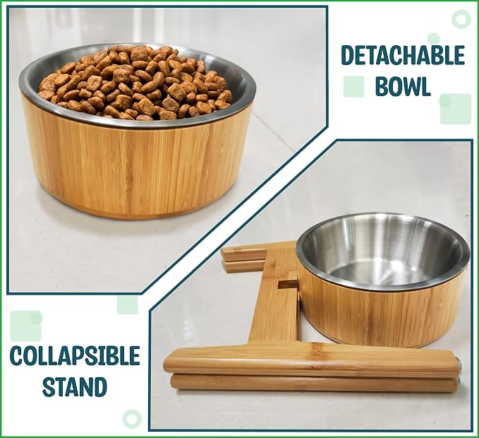 Elevated Dog Bowl for Mid-Large Breed, (12-Inch High, 64-oz) | Raised Food and Water Bowl with Stand, Flip-Resistant - Real Bamboo and Stainless Steel