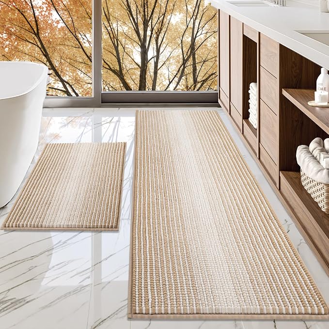 Bathroom Rugs Sets 2 Piece, Non Slip Boho Bath Mats, Beige | 24"x70" Plus 20"x32", Soft Absorbent Striped Chenille, Quick Dry Machine Washable, Shower Rug for Bathroom Bedroom Décor