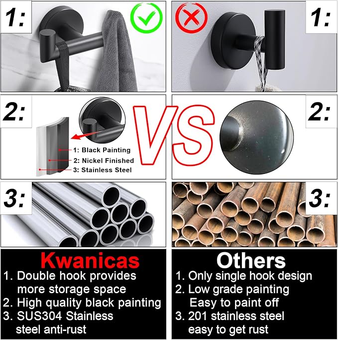 Towel Hooks For Bathrooms, Matte Black Towel Hook For Kitchen Bathroom, SUS304 Stainless Steel Coat Hook, Heavy Duty Double Towels Holder Hooks For Hanging Towels,Coats,Clothes,Wall Mount, 4Pack
