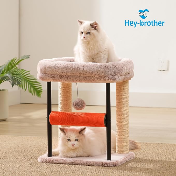 Hey-brother Cat Tree, Sturdy Tower with Sisal-Wrapped Columns, MPJ010SMU | 18.9 Inches Cats Scratching Posts with Bed, Plush Toy Ball for Indoor Kittens, Muchroom