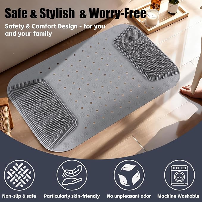 Bathtub Shower Mat Non Slip, 28.7x18.9 inch Silicone Bathroom Mat with Foot Scrubber on Both Sides, Drain Hole and Suction Cups, Machine Washable Bath Mats for Elderly, Pet (Gray)