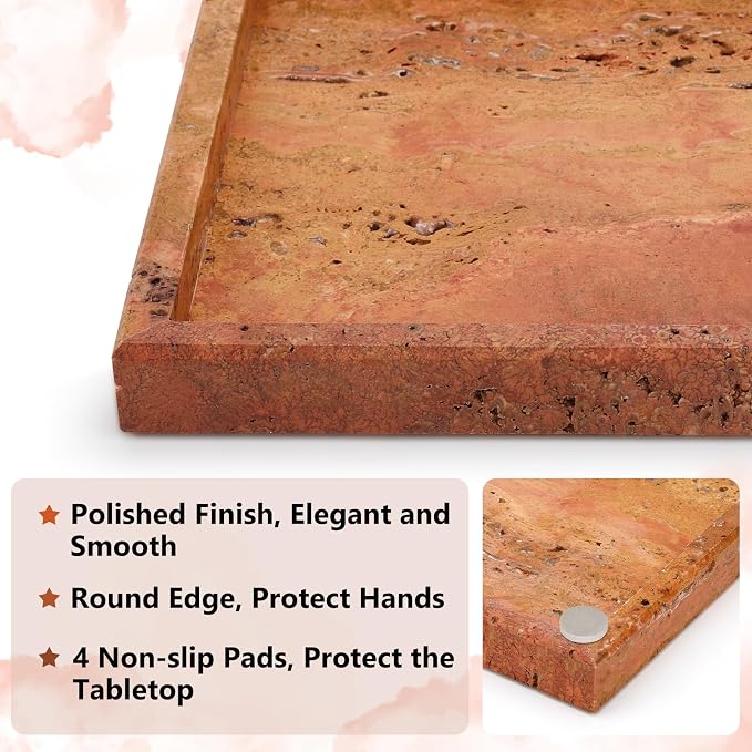 Real Natural Marble Tray for Bathroom, Vanity, Kitchen and Desktop, Rectangle Genuine Marble Stone Tray for Jewelry, Cosmetics, Candles, Lotion, Perfume (Red, 12" x 8" x 1.2")