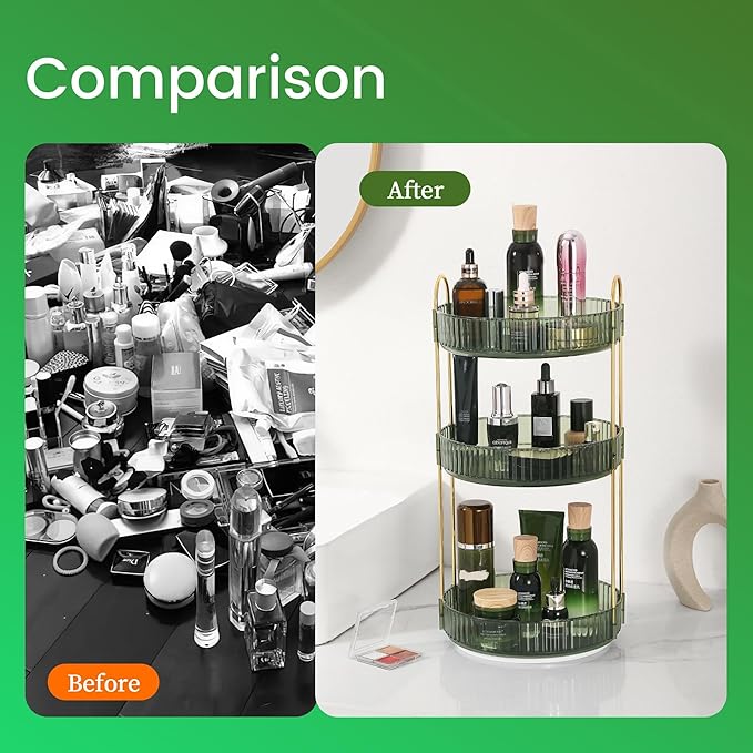 Aveniee Rotating Makeup Organizer for Vanity, Perfume Skin Care Organizers Large, Bathroom Counter Make Up Cosmetic Storage, Clear Spinning Skincare Lipstick Holder,3 Tiers, Green