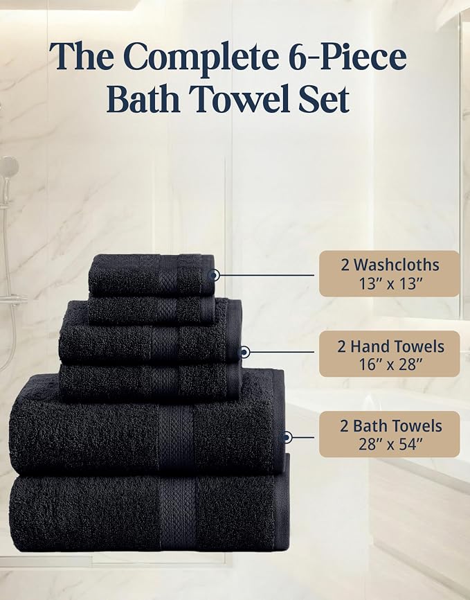 LANE LINEN Bathroom Towel Set 6 Piece Soft Absorbent Quick Dry - Black | Cotton Towel Set - Coordinated Colors, Dobby Border Accent, OEKO-TEX Certified, Ring-Spun Durability, Ring-Spun Cotton