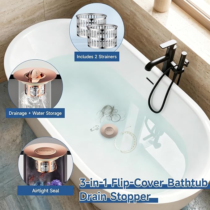 3-in-1 Flip-Cover Bathtub Drain Stopper, Muyiajou, Flush Design, Flip-Cover (No Springs), 2 Strainers, Fits 1.4"-2.6" Drains, Rustproof, Tool-Free（Rose Gold）