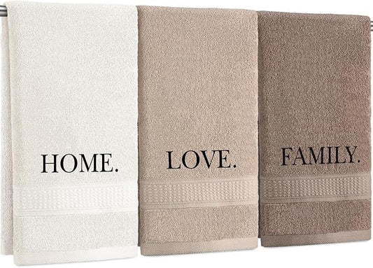 3 Pcs Hand Towels Bathroom Set,Brown,Home,Love,Family | Embroidered Cotton Farmhouse Towels, Kitchen Decor, Rustic Boho Decorative with Text Labels, Guest Bath Home