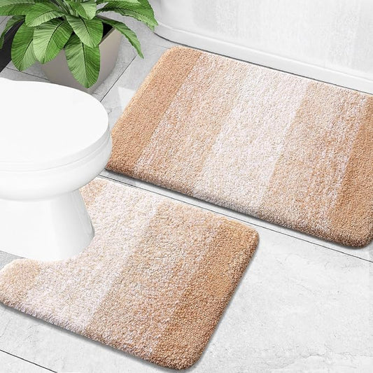 OLANLY Micorfiber Bathroom Rug Set 2 Piece, 24"x16"+U-Shaped 24"x20" | Beige, Soft Absorbent Bath Mats and Contour Toilet Rug, Non-Slip, Machine Wash Dry, Plush Shaggy Bath Mats for Bathroom
